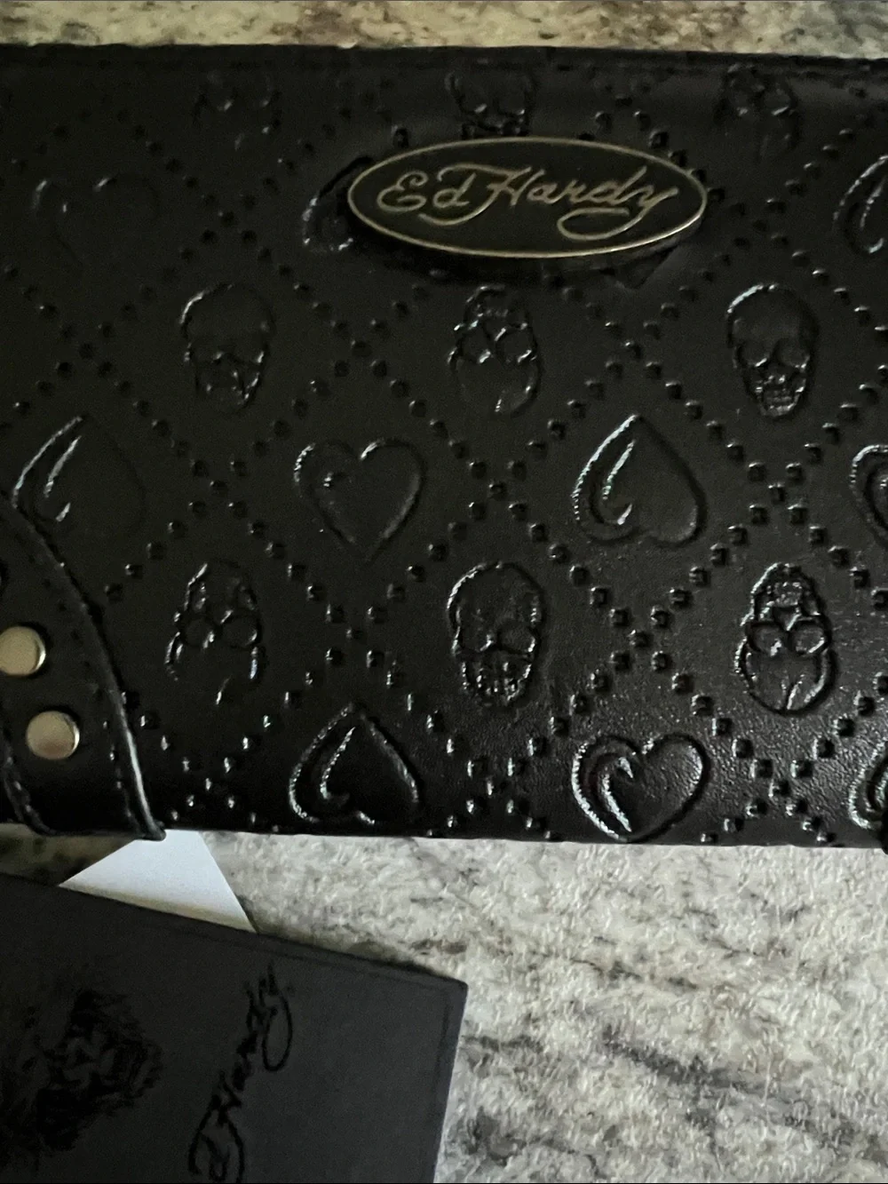 Ed Hardy Black Embossed Heart Zip-Around Wristlet Wallet NWT